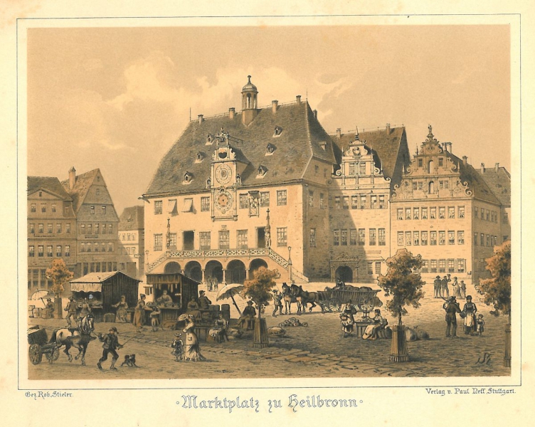 Historische Farblithografie des Heilbronner Marktplatzes um 1878